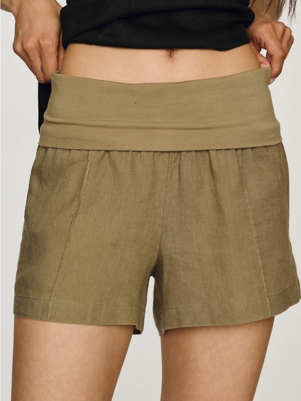 Anthropologie Olive Green High-Waist Fold-Over Linen Shorts